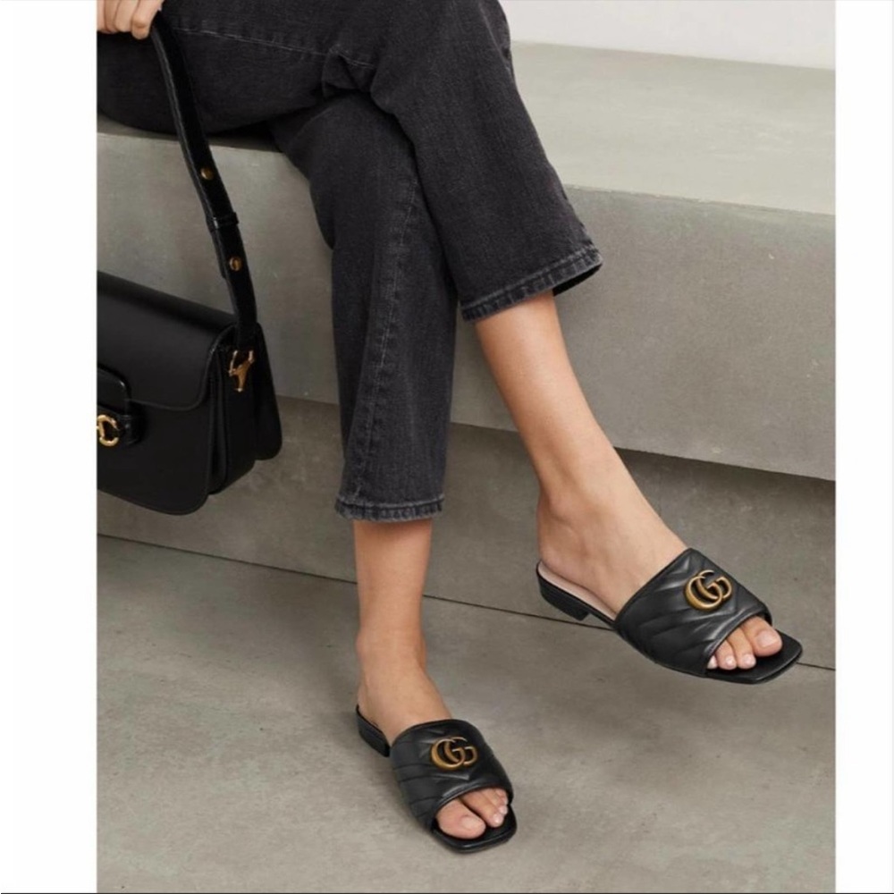 GUCCI Marmont GG logo quilted leather slides sandals - Picture 2 of 5